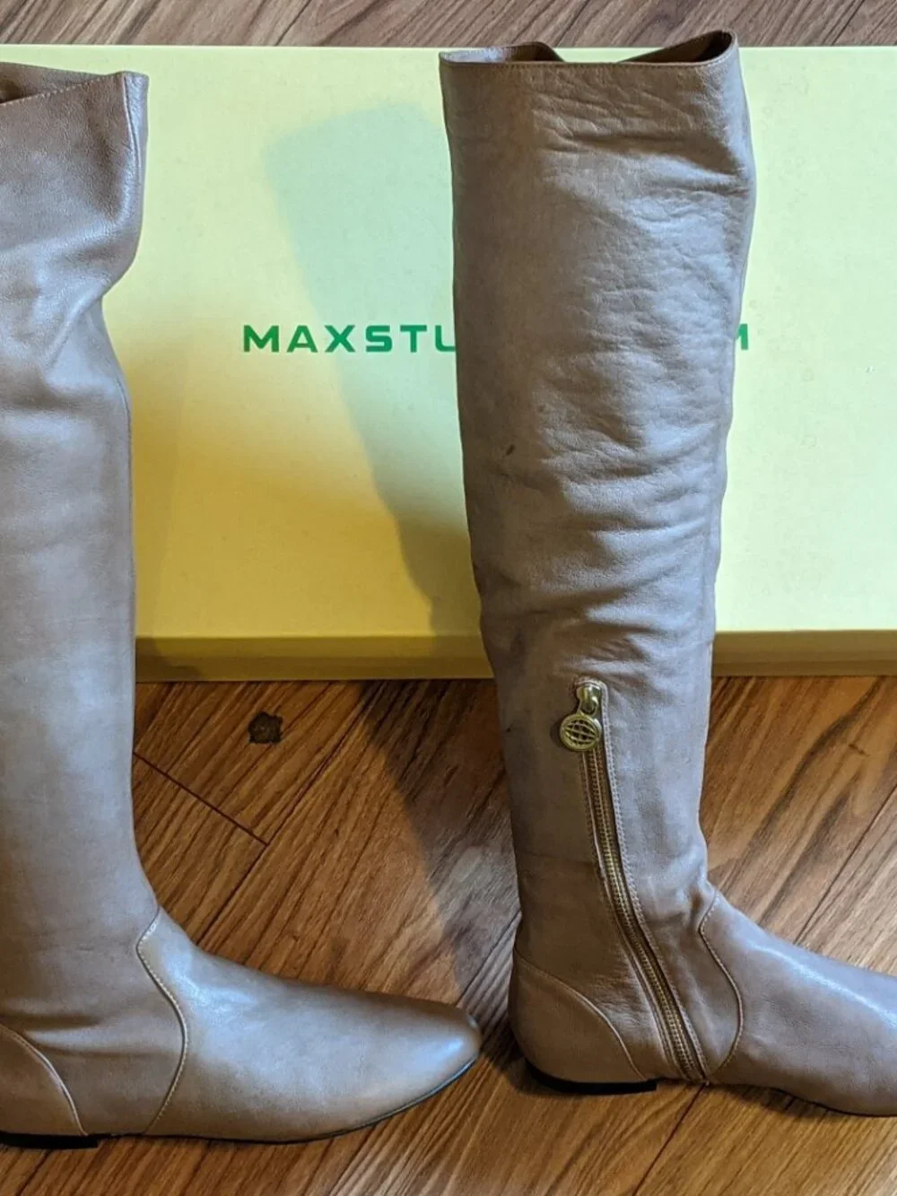 Max Studio Holden Taupe Tan Leather Over The Knee Slouch Boots NIB Size 37 US 7